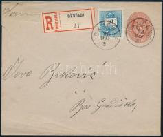 1893 Ajánlott 5kr díjjegyes boríték Színesszámú 10kr díjkiegészítéssel, hátoldali boszniai bélyegzéssel / 5kr PS-cover with 10kr additional franking sent as registered cover "OKUCANE"