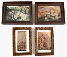 2 darab képkeret Csontváry reprodukciókkal 13x17 cm + 2 darab üvegezett képkeret réz domborításokkal 15,5x10,5 cm