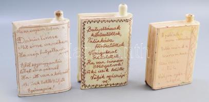 3 darab mázas kerámia könyv alakú feliratos butella, 2 darab Lázi János Hódmezővárhely + Kun Gazda K...