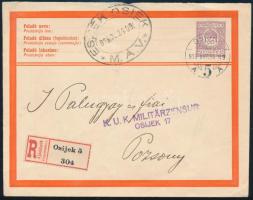 1915 Kétnyelvű 35f díjjegyes boríték ajánlott küldeményként Eszékről Pozsonyba, vasúti bélyegzéssel és cenzúrával / Bilingual 35f PS-cover sent as registered cover with railway postmark and censorship "ESZÉK-OSIEK / M.Á.V."