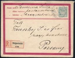 1917 16f díjjegyes boríték, ajánlott levélként 5 x Turul 5f kiegészítéssel Pozsonyba / Registered 16f PS-cover with 5 x 5f additional franking MEDGYESBODZÁS