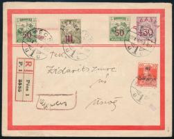 Baranya 1920 Ajánlott expressz felülnyomott díjjegyes levél 4 bélyeges vegyes kiegészítéssel Pécsről Üszögre / Registered express PS-cover with 4 stamps PÉCS Signed: Bodor