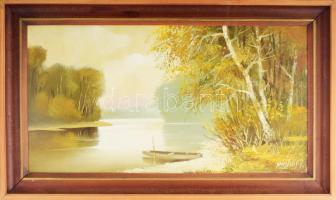 Puskás Imre (1933 - ): Tiszapart. Olaj, farost, jelzett, hátoldalán autográf felirattal, dekoratív fakeretben, 35x65 cm