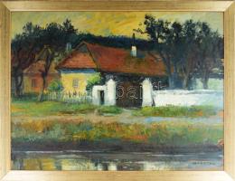 Gádor Emil (1911-1998): Erdészházj. Olaj, farost, jelezve balra lent. Dekoratív fakeretben, hátoldalán Képcsarnok címkével 60x80 cm