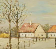 Rónai Antal (1926- ): Faluvég. Olaj, farost, jelzett. Dekoratív fakeretben . 40x70 cm