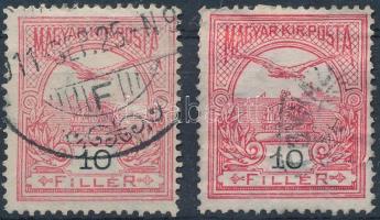 1906-1909 Turul 10f mindkettőn a FILLÉR szó pontos i tévnyomattal (foghibák / perf. faults)