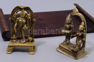 Durga szobra, illetve Siva és Párvati szobra. Bronz, cca 1900, fa tálcán. M: 7-8 cm, tálca 20x12 cm