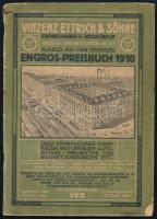 1910 Vinzenz Ettrich & Söhne Fachmechaniker u[nd] Grosshändler. Auszug aus dem grossen Engros-Preisbuch 1910. Über Nähmaschinen, Fahrräder, Motorräder, Autoartikel, Pneumatiks und Magnetzündungen etc. Wien, Gebrüder Stiepel-ny., 66 p. Gazdag fekete-fehér képanyaggal illusztrált árukatalógus különféle fém alkatrészekkel és tárgyakkal pl. automobilokhoz, kerékpárokhoz, motorkerékpárokhoz, varrógépekhez...stb. Kiadói papírkötés, kopott, kissé szakadt borítóval, a felső sarkánál fűzött.