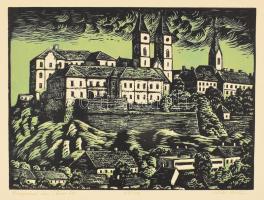 Réti Mátyás (1922-2002): Veszprémi vár, 1979. Színes linómetszet, papír, jelzett, üvegezett fa keretben, 24,5×32,5 cm