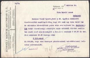 1937 Bp., Egyesült Magyar Malomipari R.T. 2 db fejléces üzleti levele, tartozásokkal kapcsolatban