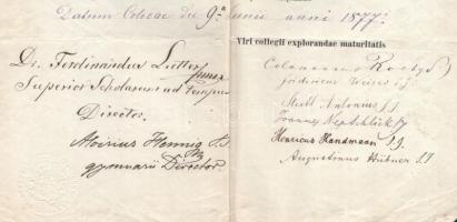 1877 Kalocsa (Colocae), a kalocsai jezsuita kollégium által kiállított, latin nyelvű érettségi bizon...