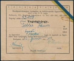 1943 Bp., Északpestvármegyei Gyümölcs- és Szőlőtermelők Egyesülete tagsági jegy Tobler János budapesti lakos részére