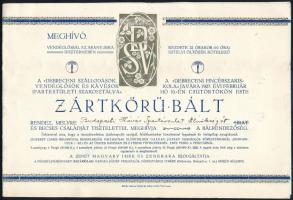 1927 Debrecen, meghívó a Debreceni Szállodások, Vendéglősök és Kávésok Ipartestületi Szakosztálya által rendezett vendéglős bálra, a Budapesti Kávés Ipartársulat Elnöksége részére, hajtásnyommal, 2 sztl. lev.