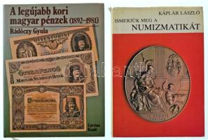 Káplár László: Ismerjük meg a numizmatikát. Budapest, 1984. Gondolat kiadó. Kiadói egészvászon-kötés, papír védőborítóban + Rádóczy Gyula: A legújabb kori magyar pénzek (1892-1981). Budapest, 1984. Corvina kiadó. Használt, jó állapotban, az egyik papír védőborítója szakadt, sérült.