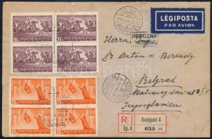 1938 Ajánlott légi levél Szent István négyestömbökkel bérmentesítve Jugoszláviába küldve, hátoldalon levélzáróval / Registered airmail cover to Yugoslavia