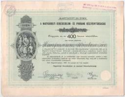 Nagykároly 1907. "Nagykárolyi Kereskedelmi- és Iparbank Részvénytársaság" részvénye 400K értékben szelvényekkel, bélyegzéssel, szárazpecséttel T:F restaurált / Hungary / Nagykároly 1907. "Commercial and Industrial Bank Share Company of Nagykároly" share about 400 Korona with coupons, cancellation and embossed stamp C:F restored