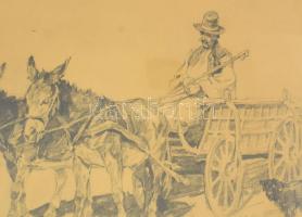 Benyovszky István (1898-1969): Szamárfogat kutyával. Ceruza, papír. Jelezve jobbra lent. üvegezett f...