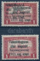 Nyugat-Magyarország I. 1921 1K bélyeg dupla felülnyomással + támpéldány, mindkettő Bodor vizsgálójellel