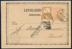 1874 2kr díjjegyes levelezőlap Réznyomat 2kr díjkiegészítéssel / 2kr PS-card with 2kr additional franking "BUDAPEST / LIPÓTVÁROS" - Zürich. Signed: Bánfalvy