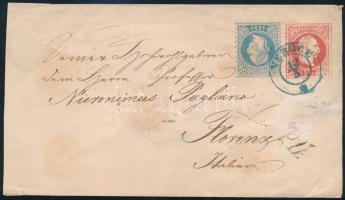 1870 5kr díjjegyes boríték (sarokban festékhiány) 10kr díjkiegészítéssel külföldre küldve. Látványos kiállítási darab! / 5kr PS-cover (lack of paint in corner) with 10kr additional franking to Florence. kék / blue VERŐCE (Gudlin 600 p)