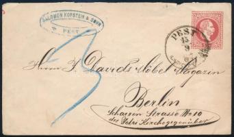 1867 5kr díjjegyes boríték, 3 postai feljegyzés / 5kr PS-cover PEST / LIPÓTVÁROS - Berlin