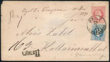 1871 5kr díjjegyes boríték előoldali 10kr kiegészítéssel távolsági ajánlott levélként / 5kr PS-cover with 10kr additional franking sent as domestic registered cover, PEST / LIPÓTVÁROS - kék / blue NIEDERGRUND