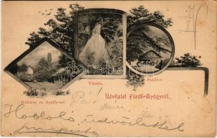 1903 Feredőgyógy, Fürdőgyógy, Algyógyfürdő, Baile Geoagiu, Feredeu; Rákóczy és Apaffy sor, vízesés, pavilon / spa, street, promenade, waterfall, pavilion. Art Nouveau, floral (fl)