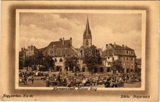 1912 Nagyszeben, Hermannstadt, Sibiu; Kleiner Ring / Kis tér, piac, üzletek. Stürner Berta kiadása / Piata mica / market square, shops (kis szakadás / small tear)