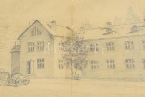 Martinek József (1904-1996): II. világháborús hadifogoly tisztitábor látképe, 1945. Ceruza, papír, j...