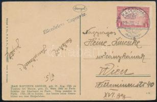 1921 Zsáner képeslap Parlament 1K bérmentesítéssel "KAPOSVÁR" - Wien, "Ellenőrizve Kaposvár" cenzúrabélyegzéssel