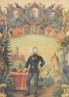 cca 1890 Szolgálati időm emlékére. Litho emléklap Ferenc József és Rudolf főherceg képével. üvegezet...
