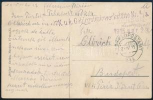 1915 Kárpátok képeslap Budapestre küldve, lila "K.u.k. Gebirgstrainwerkstätte Nr. 4./3." + "FP / 314"