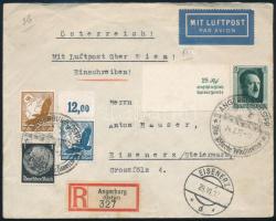 1937 Ajánlott légi levél 4 db bélyeggel / Registered airmail cover "ANGERBURG" - "EISENERZ"