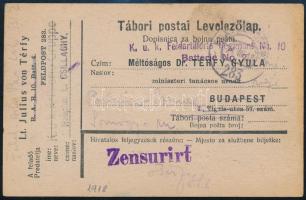 1918 Tábori posta levelezőlap Budapestre küldve, Dr. Térfy Gyulának címezve, cenzúrázva