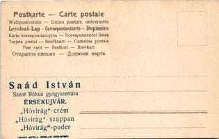 Érsekújvár, Nové Zámky; Saád István Szent Rókus gyógyszertárának reklámja a képeslap hátoldalán &quo...