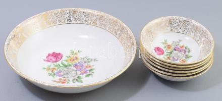 H&C Czechoslovakia (Chodov) porcelán kompótos készlet, nagy tál + 6 db tálka, matricás mintával, jelzett, kis kopással, d: 13 - 24 cm