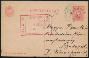 1920 Baranya 30f felülnyomott díjjegyes levelezőlap Mohácsról Budapestre / Overprinted PS-card. Signed: Bodor