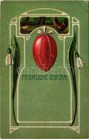 1907 Fröhliche Ostern / Art Nouveau, Emb. litho Easter greeting art postcard with egg and chicken (EB)