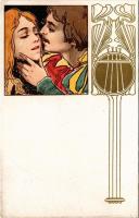 Art Nouveau, litho art postcard with romantic couple (kis szakadás / small tear)