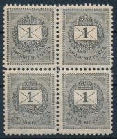 1889 1kr négyestömbben, B 11,5 fogazással (törések / folded)