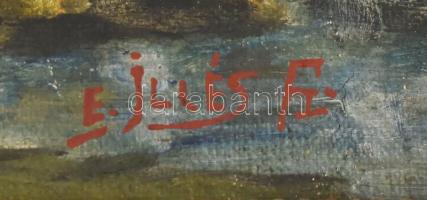 E. Illés A. jelzéssel: Tehenek. Olaj, falemez. Dekoratív fakeretben. 29×38,5 cm