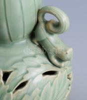 Szeladon mázas duplafalú váza, tölgylevél és makk díszítéssel, mókusfigura fülekkel, jelzés nélkül, ...