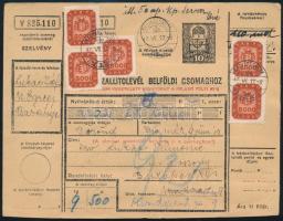 1946 (20. díjszabás) Teljes csomagszállító 22 db Milpengő bélyeggel "MAGYAREGREGY" / Complete parcel card with 22 stamps franking