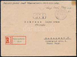 1946 (24. díjszabás) Ajánlott távolsági levél 400.000 billió P készpénzes bérmentesítéssel / Registered domestic cover with handwritten franking "VÁMOSMIKOLA" - Budapest