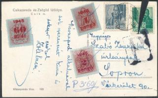 1945 (2. díjszabás) Képeslap 2 db a forgalomból kivont Hadvezérek bélyeggel bérmentesítve, ezért a hiányzó illeték kétszeresével megportózták / Postcard with invalid stamps