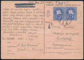 1946 (11. díjszabás) Távolsági levelezőlap 2 x 15 ezer P bélyeggel és 40.000 készpénzes bérmentesítéssel / Domestic postcard with 2 stamps and handwritten mixed franking