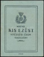 1943 Igazolvány Magyar Kis Ezüst vitézségi éremhez