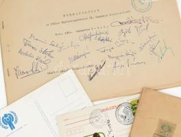 Vegyes aláírt tételek, benne bélyegtervezők, földművelésügyi miniszter és néptáncosok aláírásával