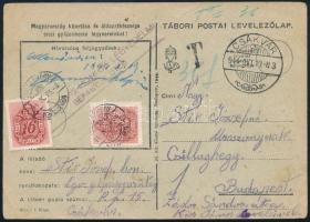 1944 Nem tábori postával küldött katonai levelezőlap Csákvárról Budapestre 36f portóval / Postcard with postage due stamps