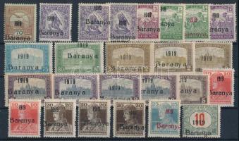 Baranya I. 1919 25 db bélyeg, közte eltolódott felülnyomás, lemezhibák, kisszámú, vékony egyes, Bodor vizsgálójellel